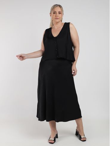 Saia Midi Acetinada Plus Size Feminina PRETO