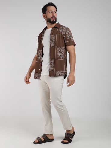 Camisa Malha Estampada Manga Curta Masculina MARROM