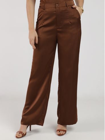 Calça Acetinada Pantalona Eagle Rock Feminina MARROM