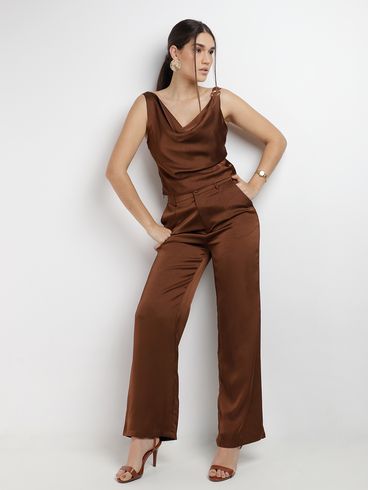 Calça Acetinada Pantalona Eagle Rock Feminina MARROM