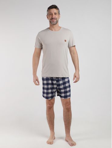 Pijama Curto Suede Xadrez Masculino BEGE