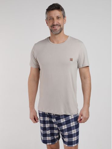 Pijama Curto Suede Xadrez Masculino BEGE