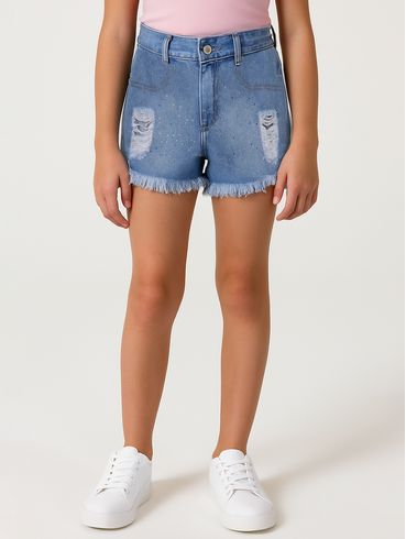 Short Jeans Com Puídos Juvenil Para Menina - AZUL
