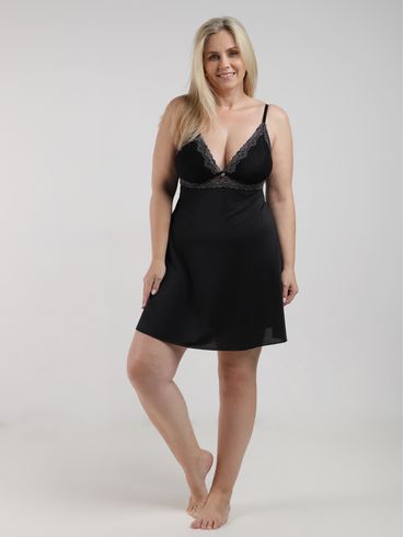 Camisola Microfibra Com Renda Plus Size Feminina PRETO