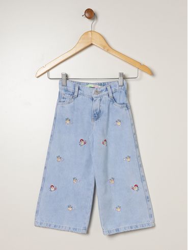 Calça Jeans Bordado Flores Infantil Para Menina- AZUL