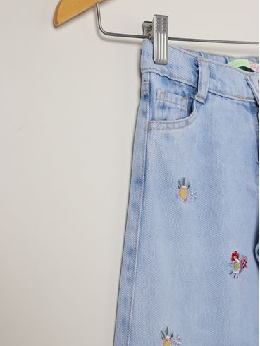 Calça Jeans Bordado Flores Infantil Para Menina- AZUL