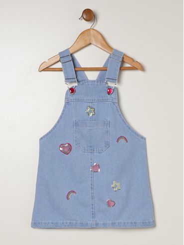 Salopete Jeans Bordado Infantil Para Menina- AZUL