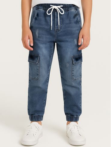 Calça Jeans Jogger Cargo Juvenil Para Menino - AZUL
