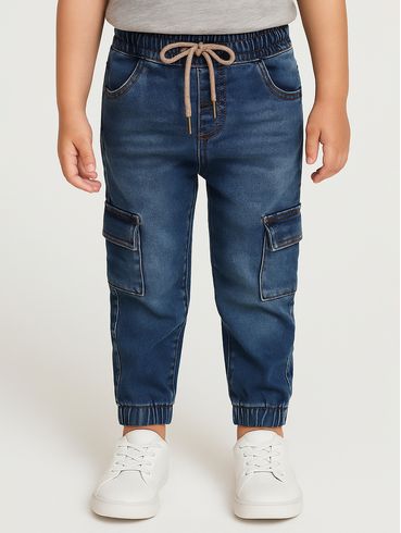 Calça Jeans Jogger Cargo Infantil Para Menino - AZUL