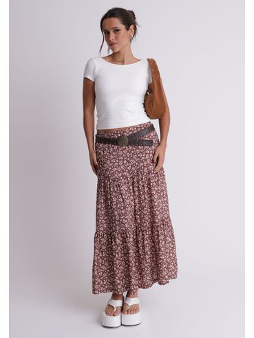 Saia midi estampada com babados Marias