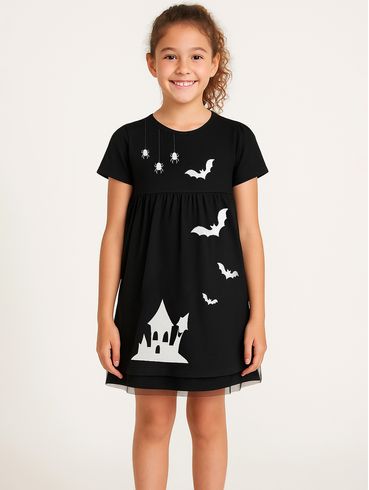 Vestido Tule Halloween Infantil Para Menina- PRETO