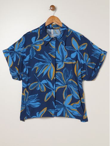Camisa Manga Dobrada Plus Size Feminina AZUL