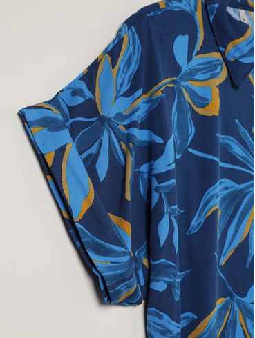 Camisa Manga Dobrada Plus Size Feminina AZUL