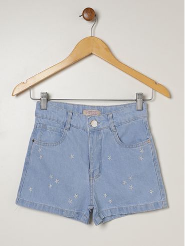 Short Jeans Bordado Juvenil Para Menina - AZUL