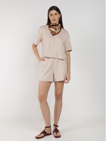 Blusa Malha Ponto Roma Manga Curta Feminina AREIA