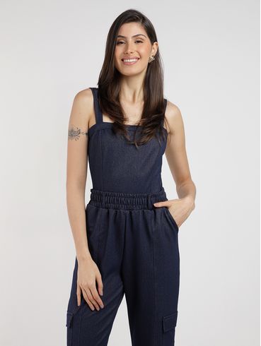 Macacão Malha Jeans Cargo Autentique Feminina MARINHO