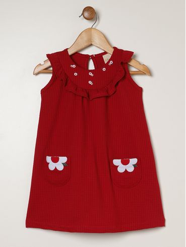 Vestido Malha Waffle Bordado Infantil Para Bebê - VERMELHO