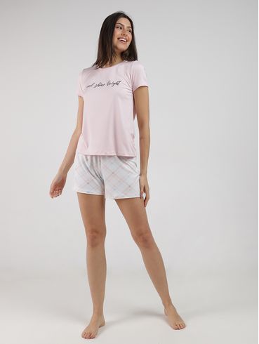 Pijama Curto Suede Xadrez Feminino ROSA CLARO