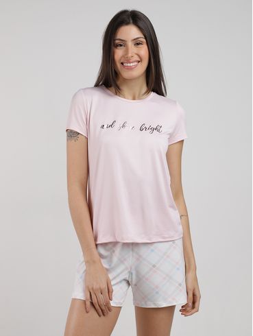 Pijama Curto Suede Xadrez Feminino ROSA CLARO