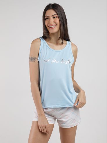 Pijama Curto Suede Xadrez Feminino AZUL CLARO