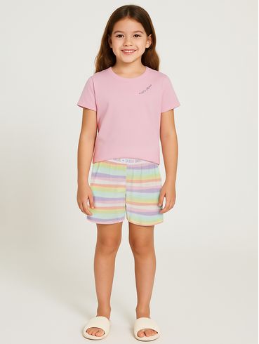 Pijama Curto Algodão Listrado Juvenil Para Menina - ROSA CLARO
