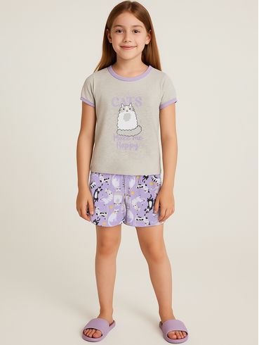 Pijama Curto Juvenil Para Menina - MESCLA/LILAS