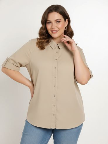 Camisa Manga 3/4 Plus Size Feminina BEGE