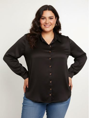 Camisa Manga 3/4 Alongada Plus Size Feminina PRETO