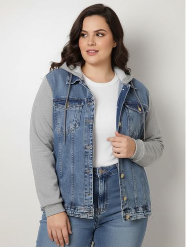 Jaqueta Jeans Manga Moletom Plus Size Feminino AZUL