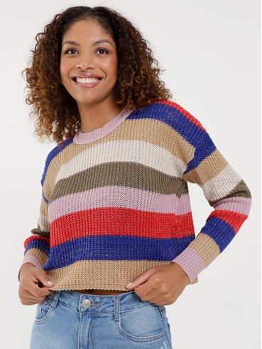 Blusão de Tricot Cropped Listrado Feminino Bege