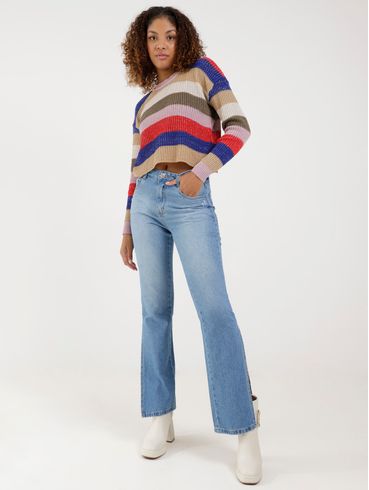Blusão de Tricot Cropped Listrado Feminino Bege