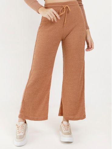 Calça Wide Leg Canelada Autentique Feminina Bege