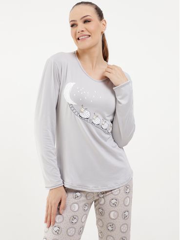 Pijama Longo Feminino Cinza