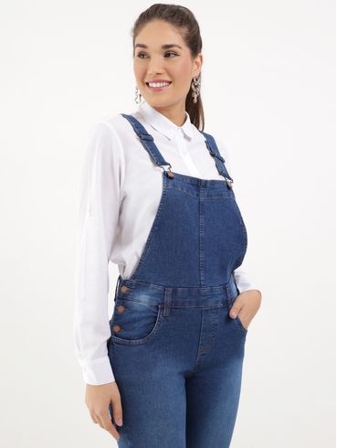 Macacão Jardineira Jeans Estonado Feminino Azul