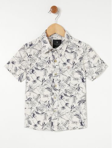 Camisa Manga Curta Estampada Infantil- Off White/Azul Marinho