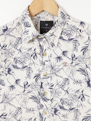 Camisa Manga Curta Estampada Infantil- Off White/Azul Marinho