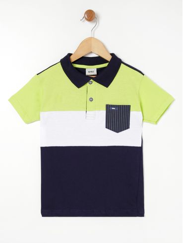 Polo Manga Curta Infantil Para Menino - Azul Marinho/Verde/Branco