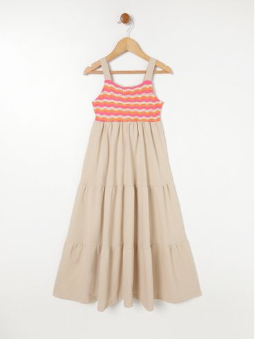 Vestido Longo Infantil Para Menina - Rosa Pink/Bege