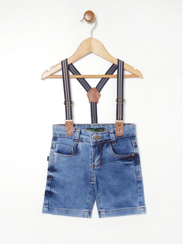 Bermuda Jeans + Suspensório Infantil Para Menino - AZUL