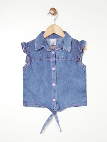 Camisa Regata Jeans Infantil Para Menina - AZUL