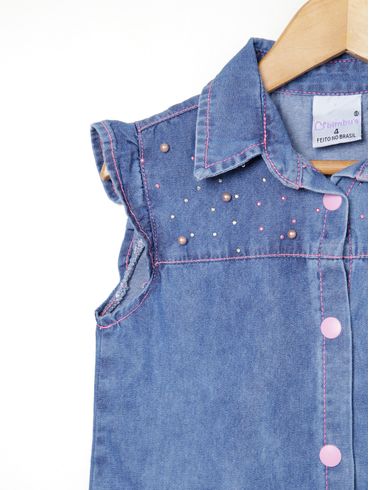 Camisa Regata Jeans Infantil Para Menina - AZUL