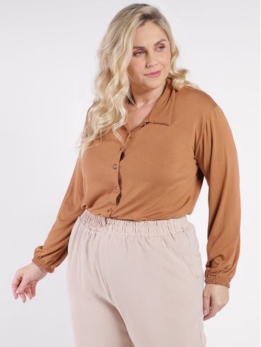 Camisa Manga 3/4 Alongada Plus Size Feminina MARROM