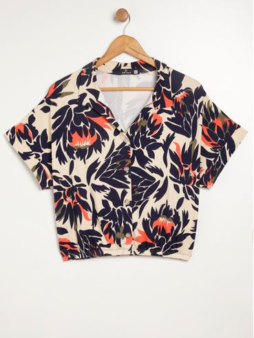 Camisa Manga Curta  Autentique Plus Size Feminina BEGE/MARINHO