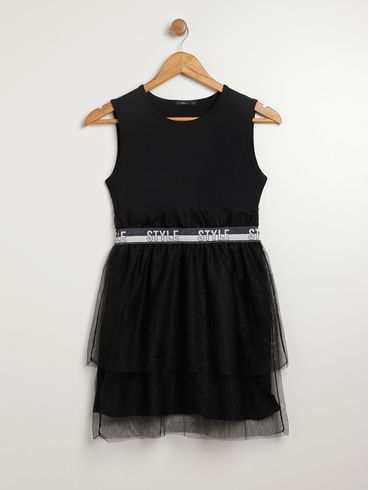 Vestido com Tule Vels Juvenil Para Menina - PRETO