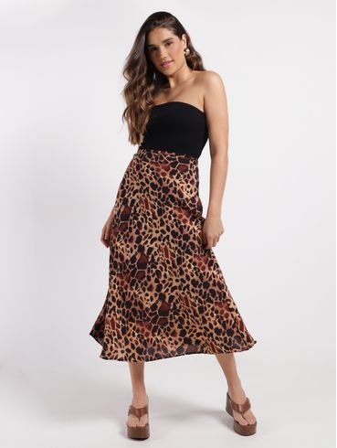 Saia Midi Godê Animal Print Feminina CARAMELO