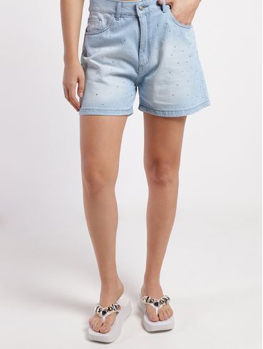 Short Jeans Com Strass Feminino AZUL