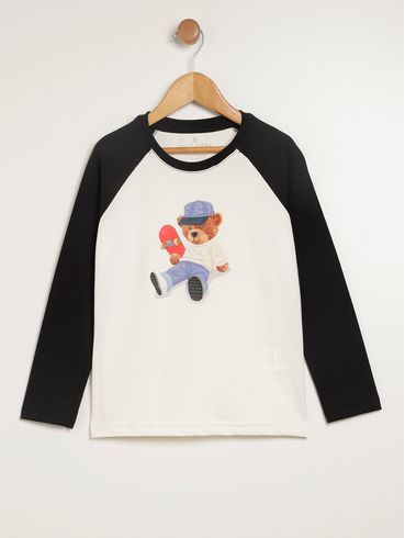 Camiseta Manga Longa Infantil Para Menino - OFF WHITE/PRETO