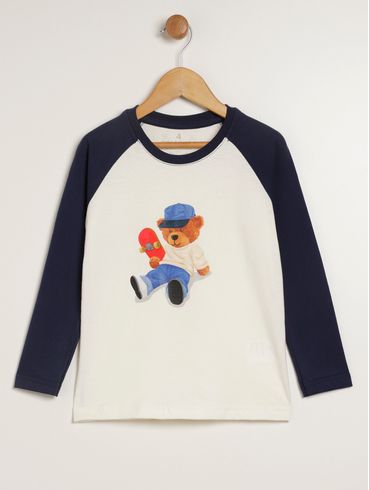 Camiseta Manga Longa Infantil Para Menino - OFF WHITE/MARINHO