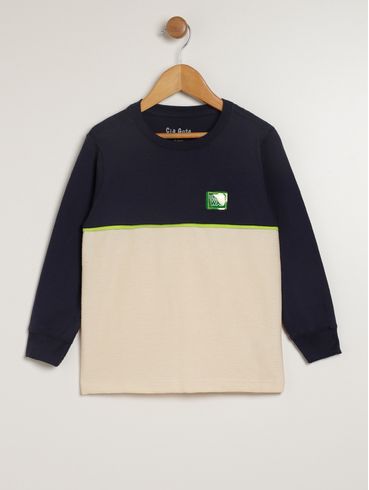 Camiseta Manga Longa Infantil Para Menino - MARINHO/BEGE