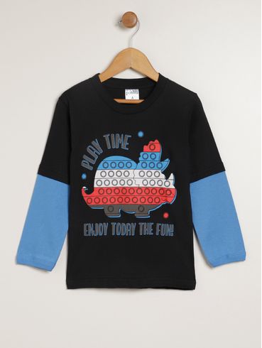 Camiseta Manga Longa Infantil Para Menino - PRETO/AZUL